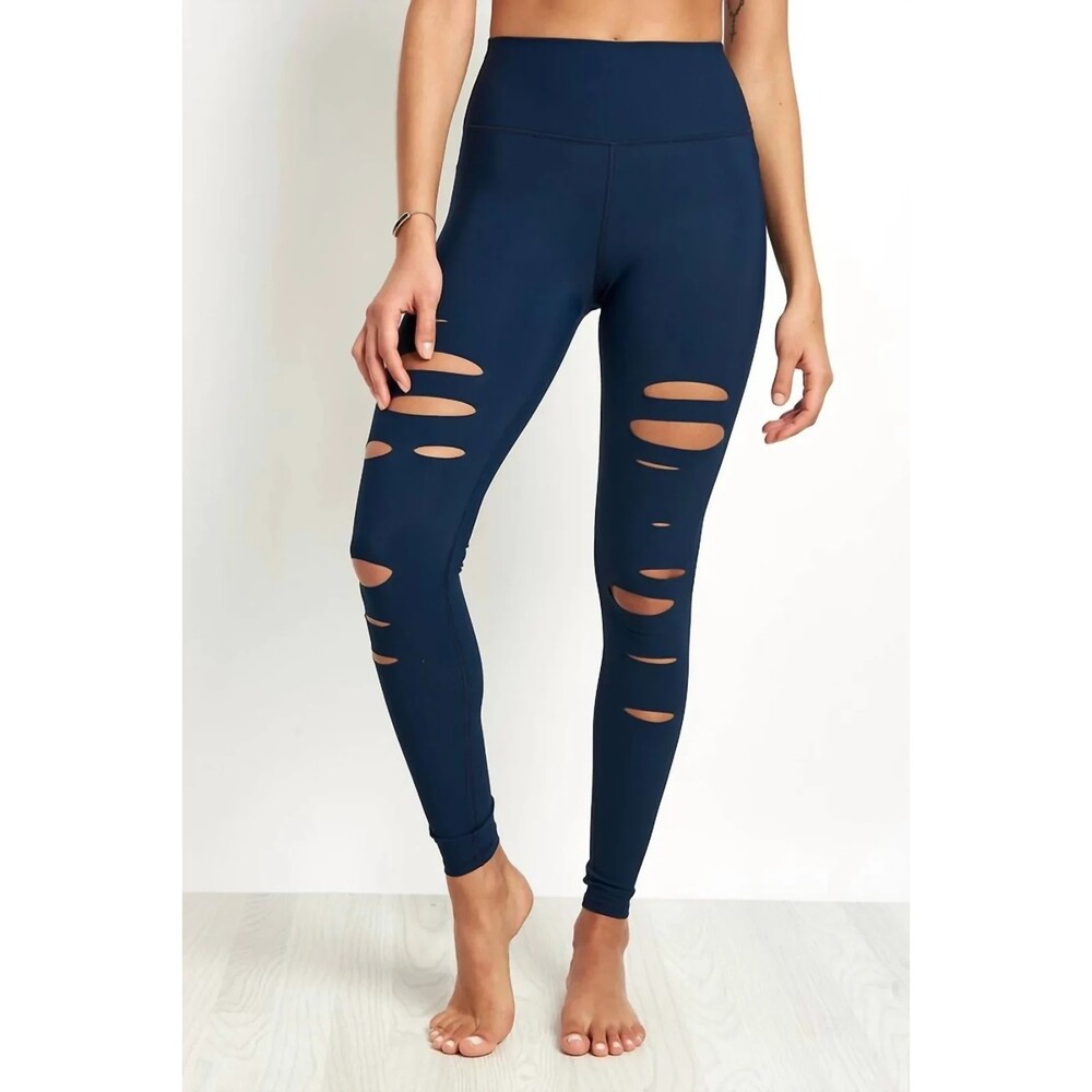 Alo 7/8 High Waist Ripped Worrior Leggings, Rich Navy, Size S